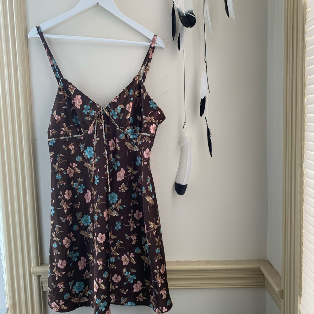Vintage V-neck Brown Floral Slip Dress SZ L - Picture 4 of 12